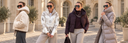 Vier Winterlooks von momo: Teddyjacke, Strickjacke, Daunenjacke und langer Steppmantel vor historischer Fassade